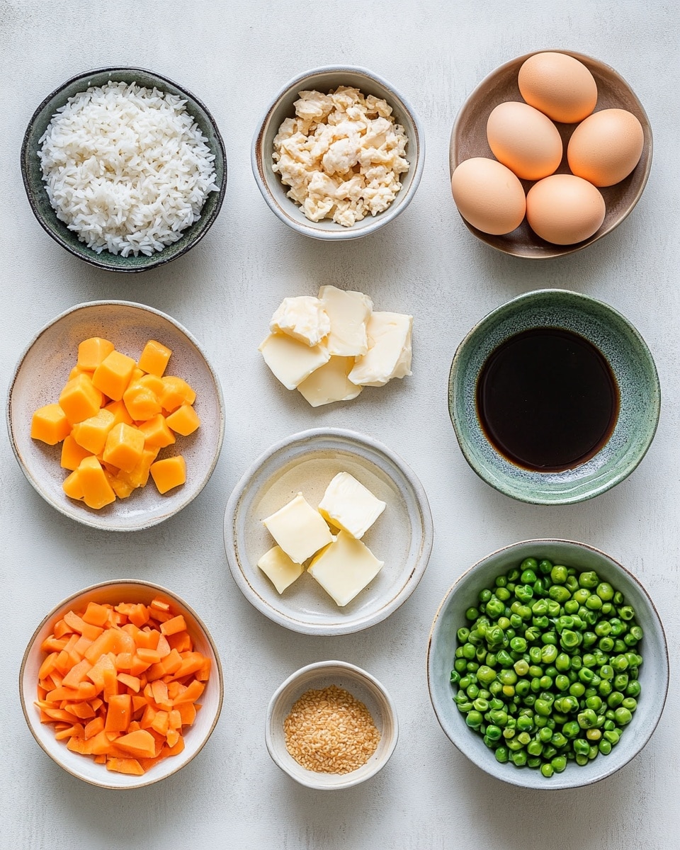 The image shows a white plate on a white marbled surface, filled with three main layers: a mound of fried rice mixed with small green peas and bits of carrot on the left side, a pile of light brown cooked chicken pieces with black pepper specks in front, and stir-fried vegetables including sliced mushrooms, zucchini, and onions behind the dipping sauce bowl. In the center right of the plate is a small white bowl filled with a creamy light brown sauce. A pair of metal chopsticks is holding a piece of chicken dipped halfway into the sauce. The background shows a second white plate with similar food. Photo taken with an iphone --ar 4:5 --v 7