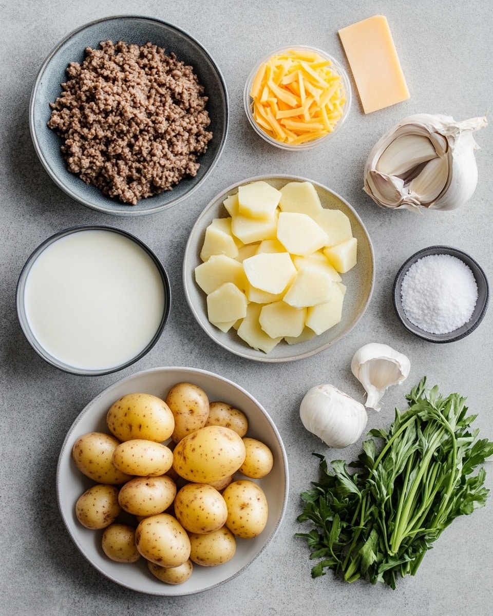A white plate holds a serving of layered potato casserole with visible round slices of light yellow potatoes forming the base layer, topped by a layer of creamy, beige sauce mixed with cooked ground meat pieces that have a slightly browned texture. Some melted cheddar cheese in deep orange patches is spread unevenly across the top, blending into the other layers. Small green parsley bits are sprinkled on top for garnish. Part of a white casserole dish with more of the same dish is visible next to the plate. The scene is set on a white marbled surface, with two brown potatoes, a fork, salt and pepper shakers, and fresh green parsley nearby. photo taken with an iphone --ar 4:5 --v 7