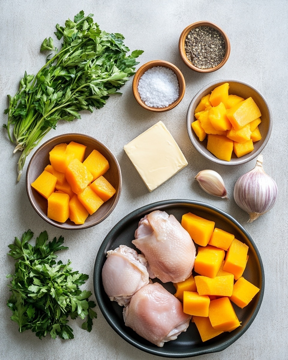 A white rectangular baking dish filled with a cooked layered casserole. The bottom layer shows soft, chunky pieces of orange squash mixed with cooked light green celery or leeks. On top, there are browned pieces of seasoned chicken scattered evenly. The dish is garnished with finely chopped fresh green parsley, adding a fresh color contrast. The texture looks moist with some crispy browned edges on the chicken pieces. The dish sits on a white marbled surface with a green checkered cloth and a large metal spoon with a wooden handle beside it, photo taken with an iphone --ar 4:5 --v 7