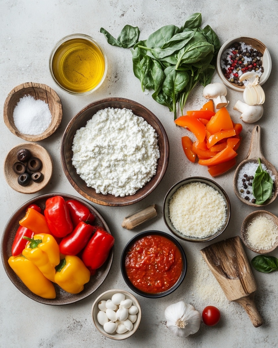 A white bowl filled with a single-layered pepperoni pizza dip topped with melted creamy white cheese spread evenly, five round, glossy, bright red pepperoni slices arranged on top, and a small green basil leaf placed in the center; the edges show a thin orange-brown baked crust. The bowl is placed on a white marbled surface with a striped cloth nearby and a small glass jar of white sauce next to it. Photo taken with an iphone --ar 4:5 --v 7