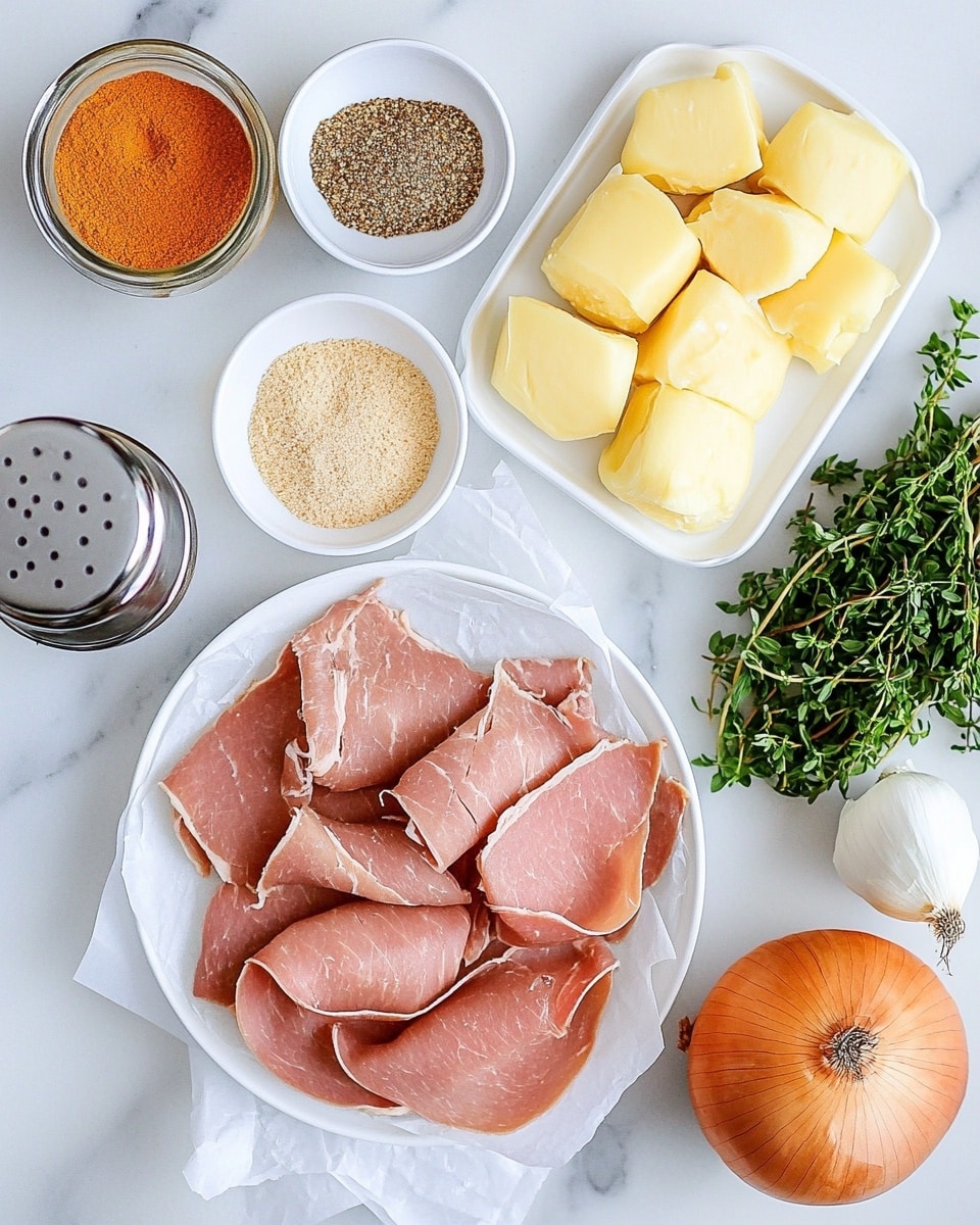 This image shows a stack of small sandwiches with three to four layers each, placed on a white marbled surface. Each sandwich has a soft, golden brown bun with some toasted bits of garlic and green herbs on top. Inside, there are multiple thin slices of tender, light brown meat layered with melted cheese that looks creamy and slightly stringy. The sandwiches have a juicy and rich texture, and there are some green parsley leaves around for decoration. A small white bowl with brown sauce sits nearby, adding to the inviting look of the food. Photo taken with an iphone --ar 4:5 --v 7