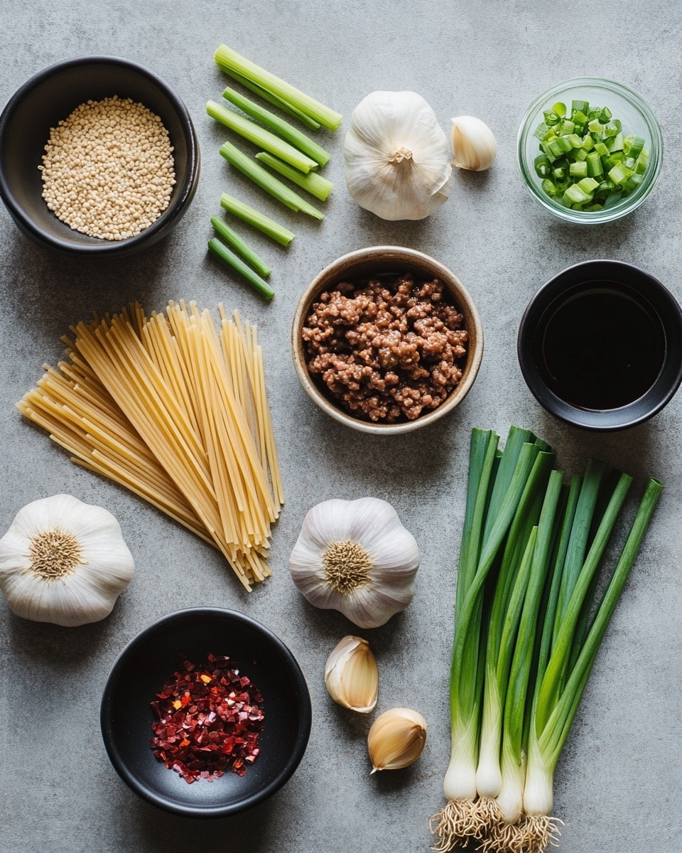 A green bowl filled with noodles mixed with chunky brown meat sauce sits at the center. The noodles are coated in a reddish-brown sauce, twisted and piled loosely. On top, there are sprinkled white sesame seeds and small green onion slices. Two brown wooden chopsticks rest on the bowl's left edge. Around the bowl, small white dishes hold extra chopped green onions and sesame seeds, all placed on a white marbled surface with a white and striped cloth under the bowl. photo taken with an iphone --ar 4:5 --v 7