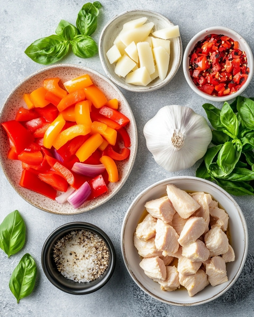 A metal pan holds three cooked chicken pieces with a light golden crust on top, sitting in a creamy white sauce mixed with thin strips of yellow and red peppers scattered throughout. The sauce looks smooth and thick, covering the bottom of the pan and partially the chicken. Next to the pan is a small white bowl filled with yellow pepper slices and a halved red pepper resting on the white marbled surface. A white cloth is casually placed beside the pan. photo taken with an iphone --ar 4:5 --v 7