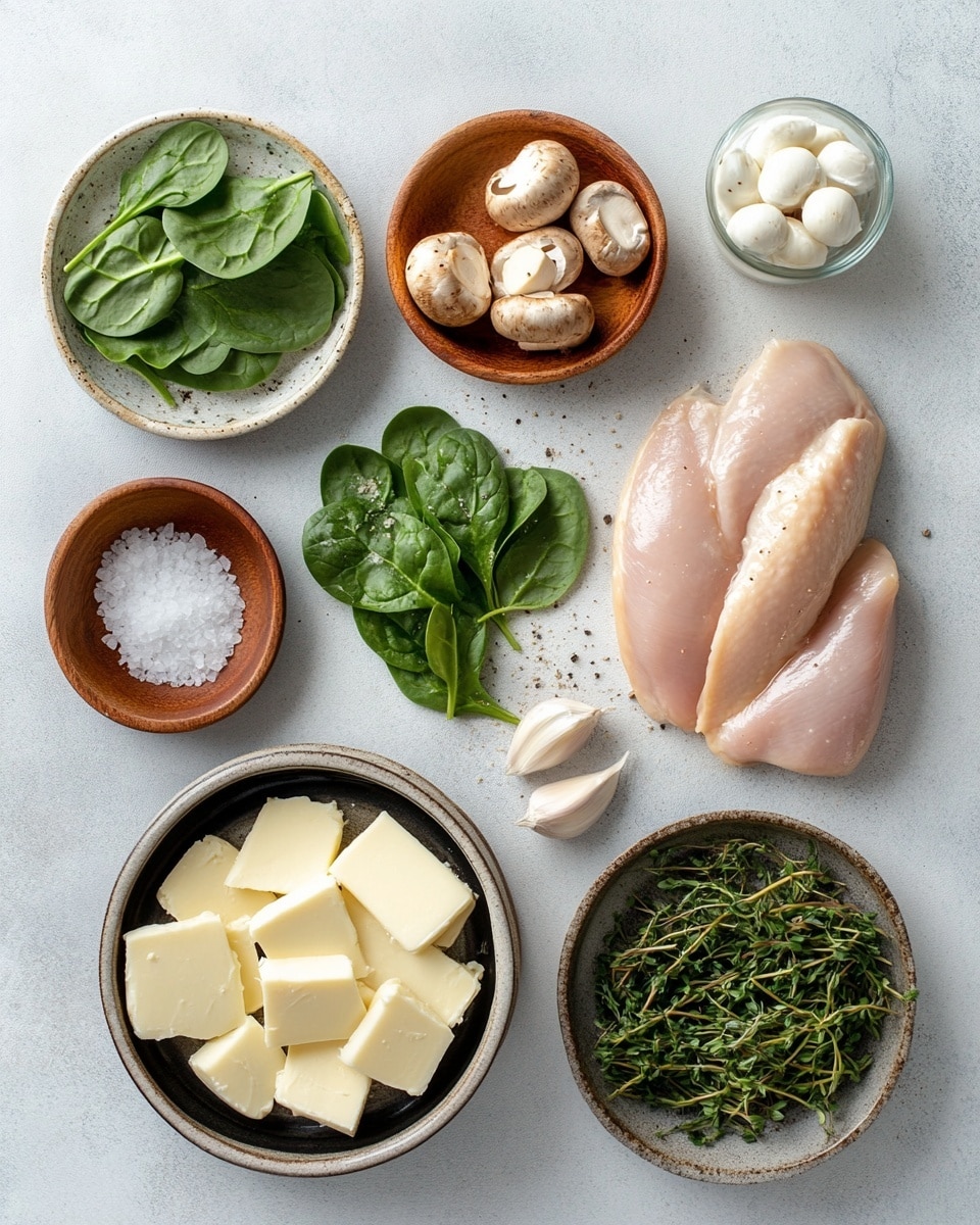 The dish has three main parts on a white plate with a white marbled background. At the center is a golden brown cooked chicken piece, stuffed with layers of creamy melted white cheese, sautéed dark brown mushrooms, and bright green spinach leaves, with some sauce around the base. To the left of the chicken, there is a pile of soft, light beige mashed potatoes sprinkled with green herbs. Behind the chicken, there is a small group of fresh, dark green spinach leaves. In the top right corner of the plate, there is a rose gold fork resting on the edge. The photo taken with an iphone --ar 4:5 --v 7
