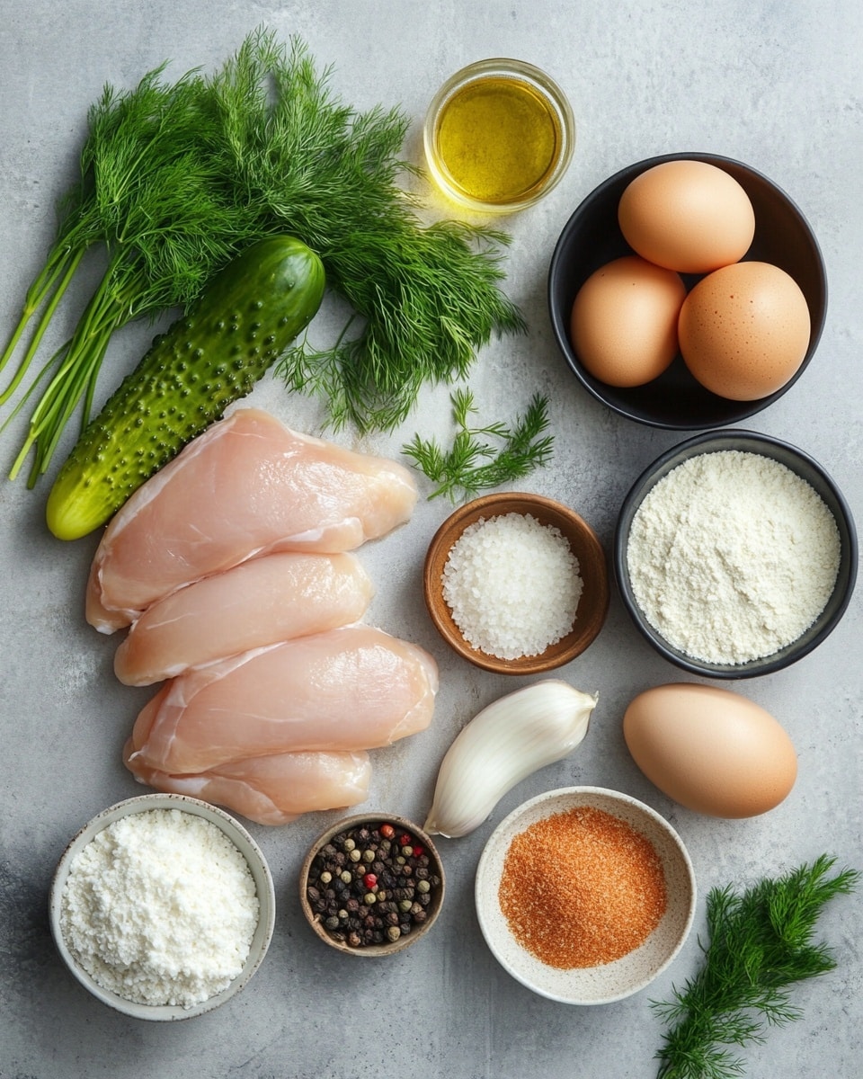 Two golden brown fried patties with a crispy texture are placed side by side on a white plate. Each patty has a topping of thick, white creamy sauce with a slightly chunky texture, garnished with thin, green slices of cucumber and small sprigs of fresh dill. The plate sits on a white marbled surface. photo taken with an iphone --ar 4:5 --v 7