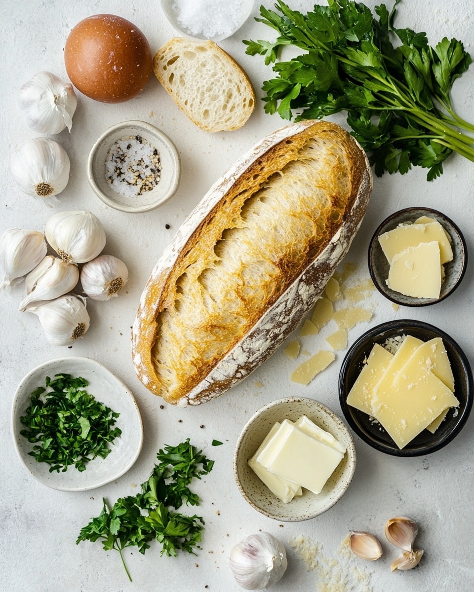 Two long slices of toasted bread are placed side by side on a baking tray lined with light brown paper. Each slice has a layer of melted cheese mixed with small bits of green herbs spread evenly on top. The bread edges are golden brown and crispy. Near the tray, there are two small white bowls, one filled with dark red flakes and the other with chopped green herbs. The background is a white marbled surface with a beige cloth on one side and a white plate holding spaghetti with red sauce and meatballs partially visible at the top left. photo taken with an iphone --ar 4:5 --v 7