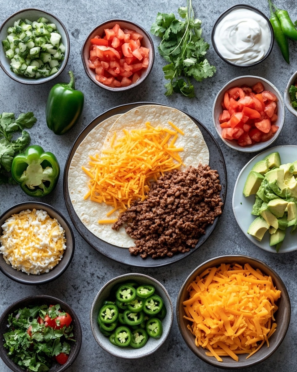 A white plate is filled with eight golden-brown folded quesadillas, each showing a crispy texture with browned spots on the outside and some visible ground meat peeking out from the middle layers. The quesadillas are stacked in a slightly overlapping circular arrangement with lime wedges placed around them on the plate. Nearby on the white marbled surface, there is a small white bowl filled with chunky red salsa, a wooden bowl with creamy green avocado sauce, a silver spoon, a whole green chili pepper, and an extra lime wedge. Two folded cloth napkins, one light blue and one yellow, are positioned at the top left side. Photo taken with an iphone --ar 4:5 --v 7