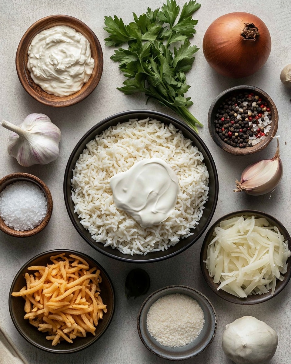 A white bowl filled with creamy baked noodles that have a pale off-white color with a smooth, cheesy texture. The top layer is golden brown, crispy fried onions spread evenly, adding a crunchy texture. Small bits of green herbs are scattered on the surface for a fresh look. A golden spoon lifts a portion, showing stretchy melted cheese strings hanging down from the creamy noodles underneath. The bowl is on a white marbled surface with a dark background out of focus. photo taken with an iphone --ar 4:5 --v 7