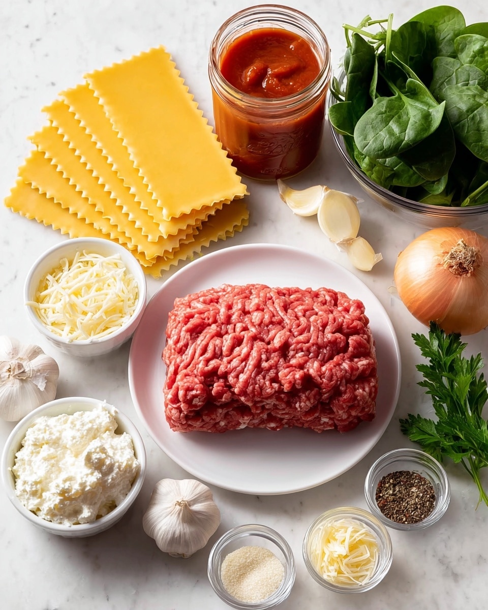 The image shows a white bowl filled with a hearty soup that has visible layers: a rich red sauce base with bits of ground meat and large rolled pasta pieces scattered throughout, topped with a large dollop of creamy white cheese in the center. The soup is garnished with fresh green basil leaves and sprinkled with red chili flakes, adding color and texture contrast. The bowl sits on a white marbled surface with a beige cloth nearby and a small white dish holding extra chili flakes in the background. Another bowl with the same soup is partly visible in the upper right corner. photo taken with an iphone --ar 4:5 --v 7