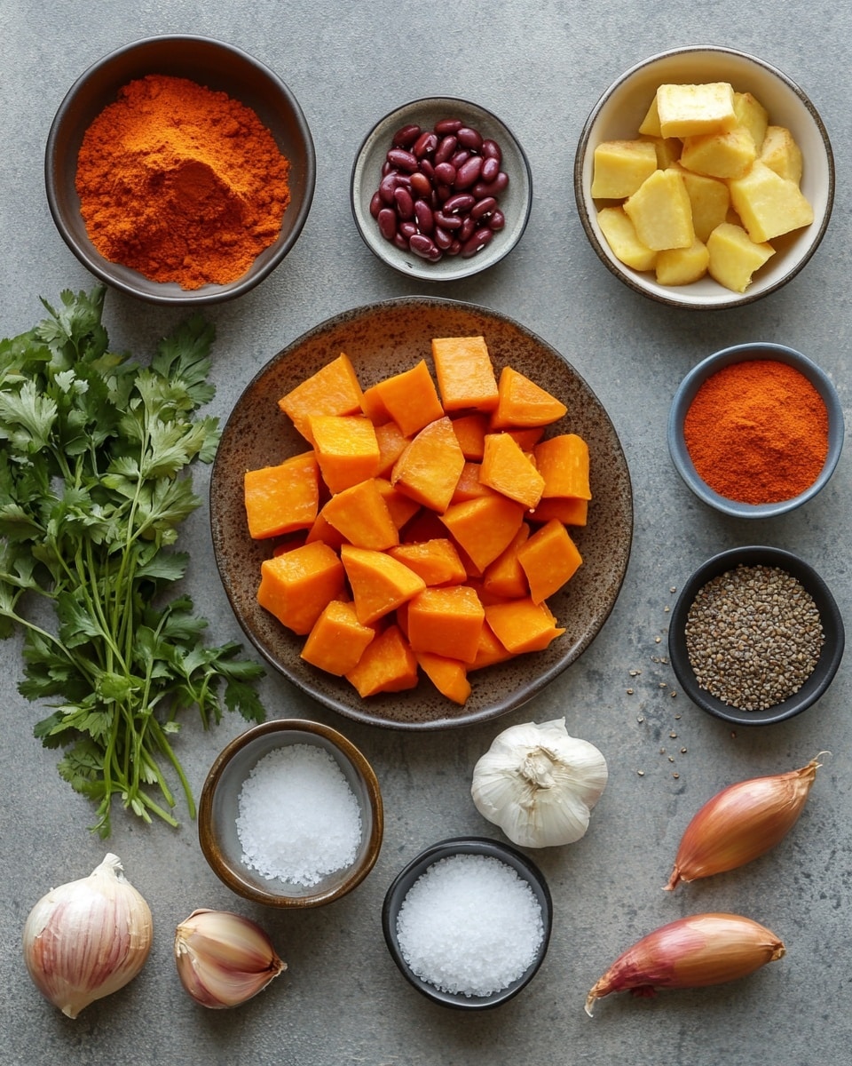 The image shows a top view of ten small and medium clear glass containers arranged on a white marbled surface. Starting from the top left, there is a large bowl full of dark black beans with a smooth, shiny surface. To the right, two medium bowls hold orange-red spices and light brown ground spice powder. Next to them is a larger measuring cup filled with bright orange cubed sweet potatoes, showing a solid and slightly textured surface. Below the sweet potatoes, there is a tiny bowl containing white granulated salt. Below that, a small bowl contains a dark reddish-brown spice powder. To the left, near the center, a medium bowl is filled with freshly chopped white onions with a slightly rough texture. Directly below and to the left is a small bowl with black ground pepper. Near the bottom left corner, there is a small bowl with finely chopped bright green herbs. Next to it is a medium measuring cup filled with chunky red diced tomatoes in liquid. Between the spices near the center is a small bowl of golden oil. All containers are clear, showing the vibrant colors and textures of their contents clearly, with no visible shadows on the white marbled surface photo taken with an iphone --ar 4:5 --v 7