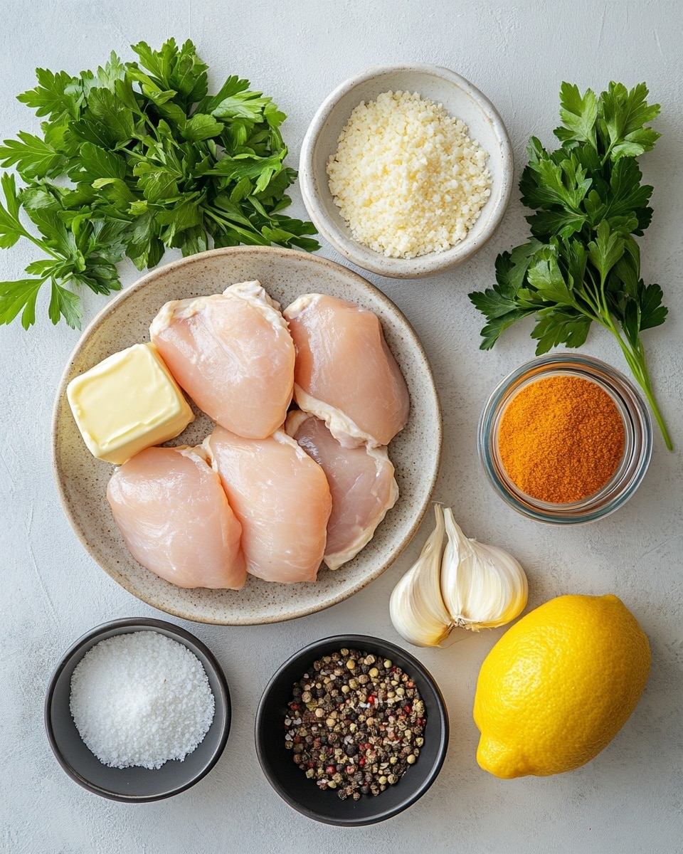 The image shows a black cast iron pan filled with a creamy orange sauce and pieces of grilled chicken scattered throughout. The chicken pieces are golden brown with char marks, topped with chopped green herbs that add a fresh contrast to the rich sauce. The pan sits on a wooden board with blurred round bread rolls visible in the background. The whole scene is on a white marbled surface. photo taken with an iphone --ar 4:5 --v 7