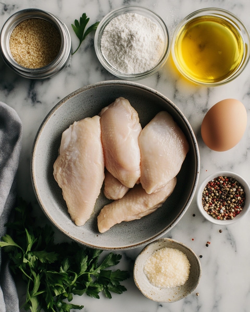The dish shows a white shallow bowl filled with several uneven pieces of golden brown fried chicken, each piece having a crunchy texture with some crispy edges. The chicken is topped with small white sesame seeds and thin slices of fresh green spring onions scattered unevenly. The bowl is placed on a light beige cloth napkin on top of a round woven basket tray. In the upper left corner, two silver forks are partially visible, resting on the napkin and tray. The whole setting is on a white marbled surface. photo taken with an iphone --ar 4:5 --v 7