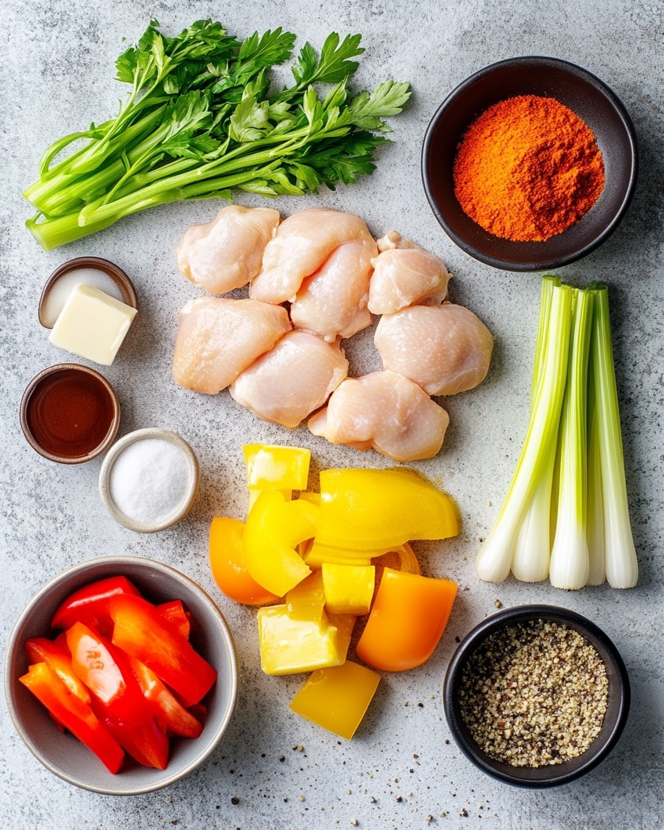 This dish is shown in a black cast iron skillet filled with a thick, brownish sauce that covers shredded pieces of pale beige chicken. Mixed into the sauce are bright strips of red and green bell peppers, adding vibrant color and a slightly glossy texture. The sauce looks rich and slightly shiny, surrounding the chicken and vegetables evenly and bubbling gently on the edges. The background is a white marbled texture, highlighting the skillet's dark color and the warm colors of the dish. photo taken with an iphone --ar 4:5 --v 7