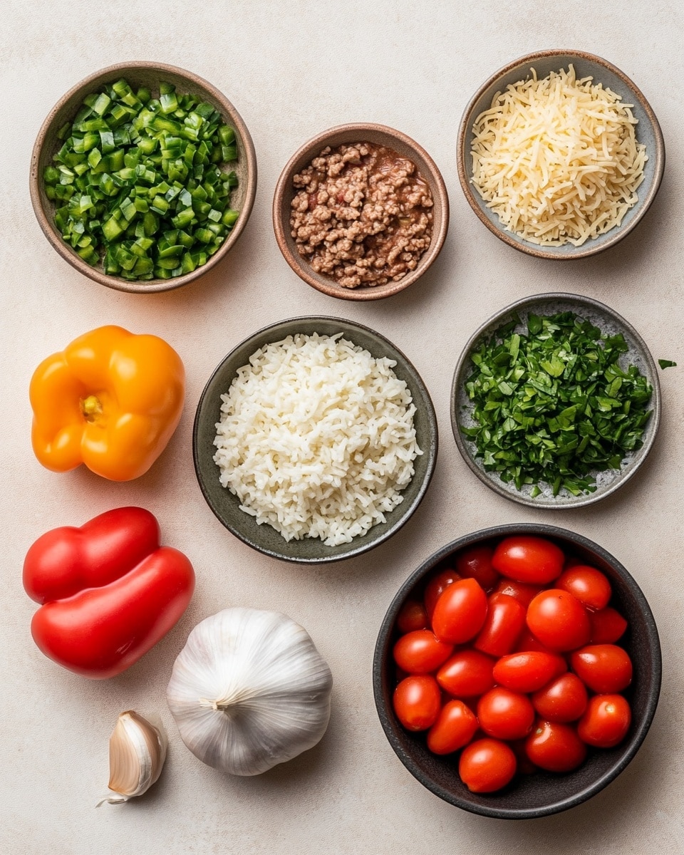 A white deep pan with a red outer rim filled with a mixed dish mainly made of cooked rice and ground meat, mixed with small pieces of bright green peppers, diced red tomatoes, and bits of green herbs. The dish is topped with melted yellow cheddar cheese spread unevenly over the surface, with some fresh green herbs sprinkled on top. A golden spoon lifts a portion showing the layers of rice, meat, vegetables, and cheese. The pan sits on a dark table with a white marbled texture in the background and a red-and-white checkered cloth nearby. Photo taken with an iphone --ar 4:5 --v 7