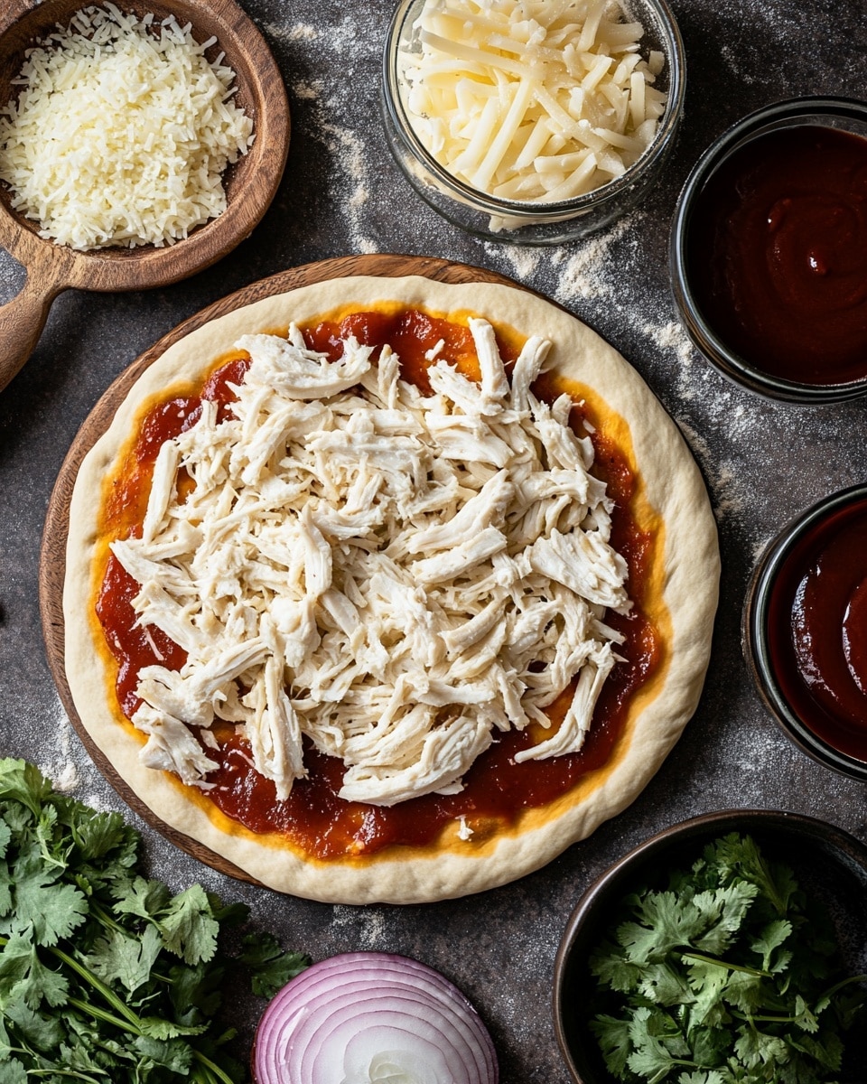 A round pizza with a thick golden-brown crust sits on a pizza pan on a white marbled surface. The pizza is topped with melted light yellow cheese, reddish-brown chicken pieces, thin curved slices of red onion, and some green herbs sprinkled on top. One triangular slice is taken out and placed on a white plate with a fluted edge, showing the same toppings and a fluffy crust edge. Nearby, there is a small round bowl filled with chopped green herbs. The photo is taken with an iphone --ar 4:5 --v 7