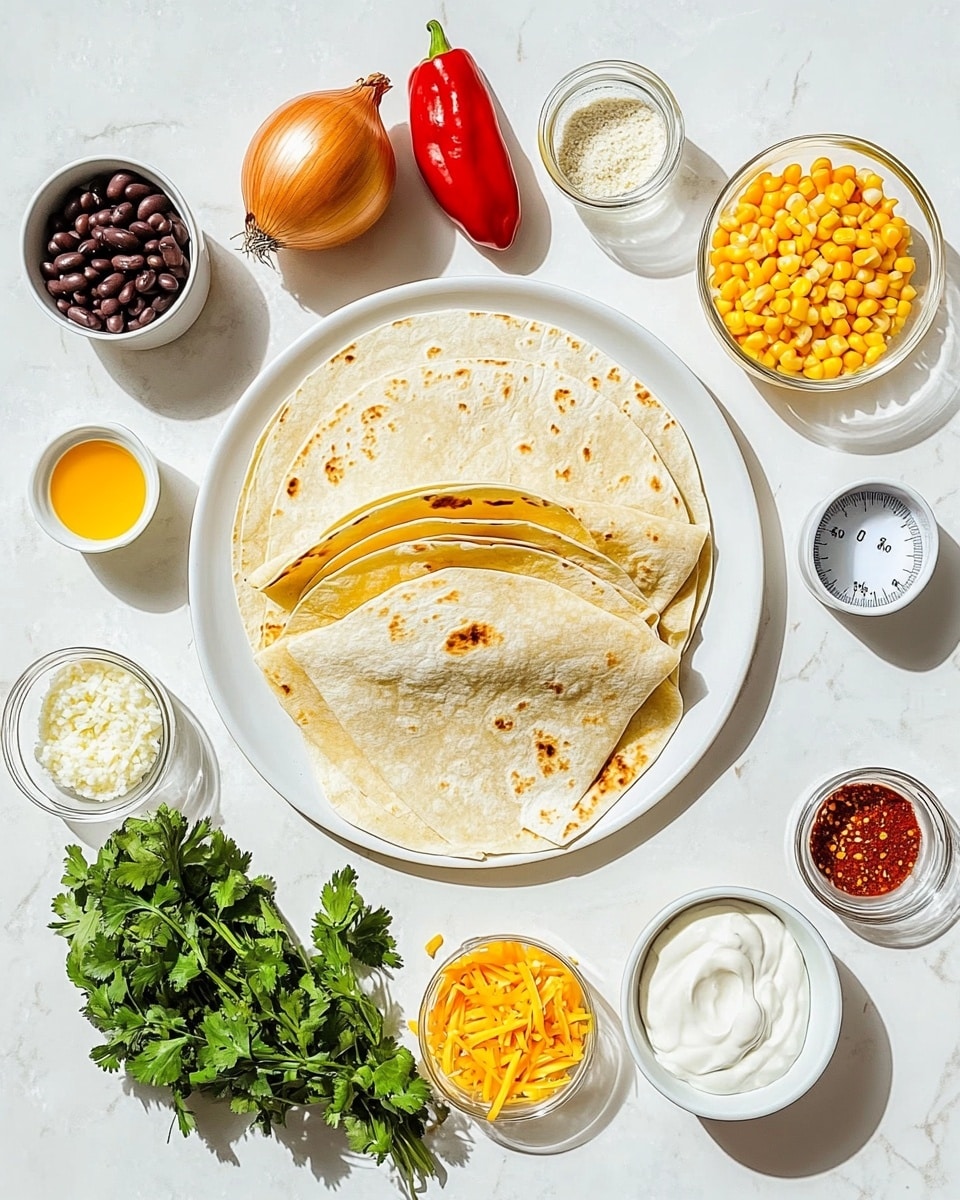 The image shows a white round plate filled with many golden-brown folded tacos, each cut in half to show layers of shredded yellow chicken, black beans, corn, diced red peppers, and chopped green herbs inside. The tacos are crisp and have some darker toasted spots. Red chili slices and fresh cilantro leaves are scattered on top for color. Around the tacos, there are several lime wedges with bright green skin and pale green inside, adding freshness. On the left side of the plate, there is a small wooden bowl filled with smooth white sauce sprinkled with finely chopped green herbs. The plate is placed on a white marbled surface with soft sunlight casting shadows, making the food look warm and appetizing. photo taken with an iphone --ar 4:5 --v 7