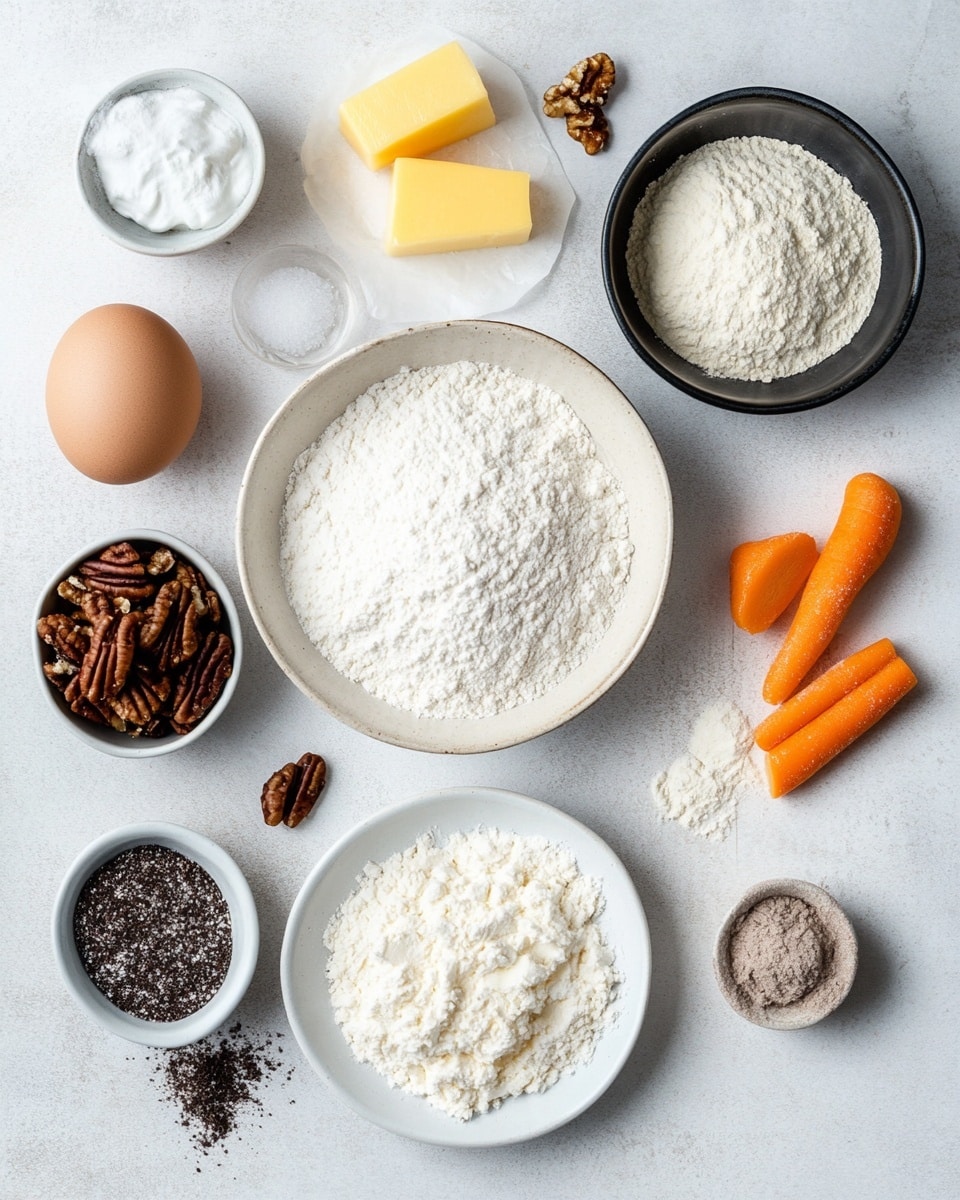 A slice of three-layer carrot cake with a light brown color and a moist, textured look, each layer separated by a thick, smooth white frosting. The top layer is also covered in the same white frosting and garnished with a small pile of broken pecans near the front edge. The slice sits on a simple white plate, placed on a white marbled surface. In the background, part of the whole cake with the same layered frosting is visible, slightly blurry. Photo taken with an iphone --ar 4:5 --v 7