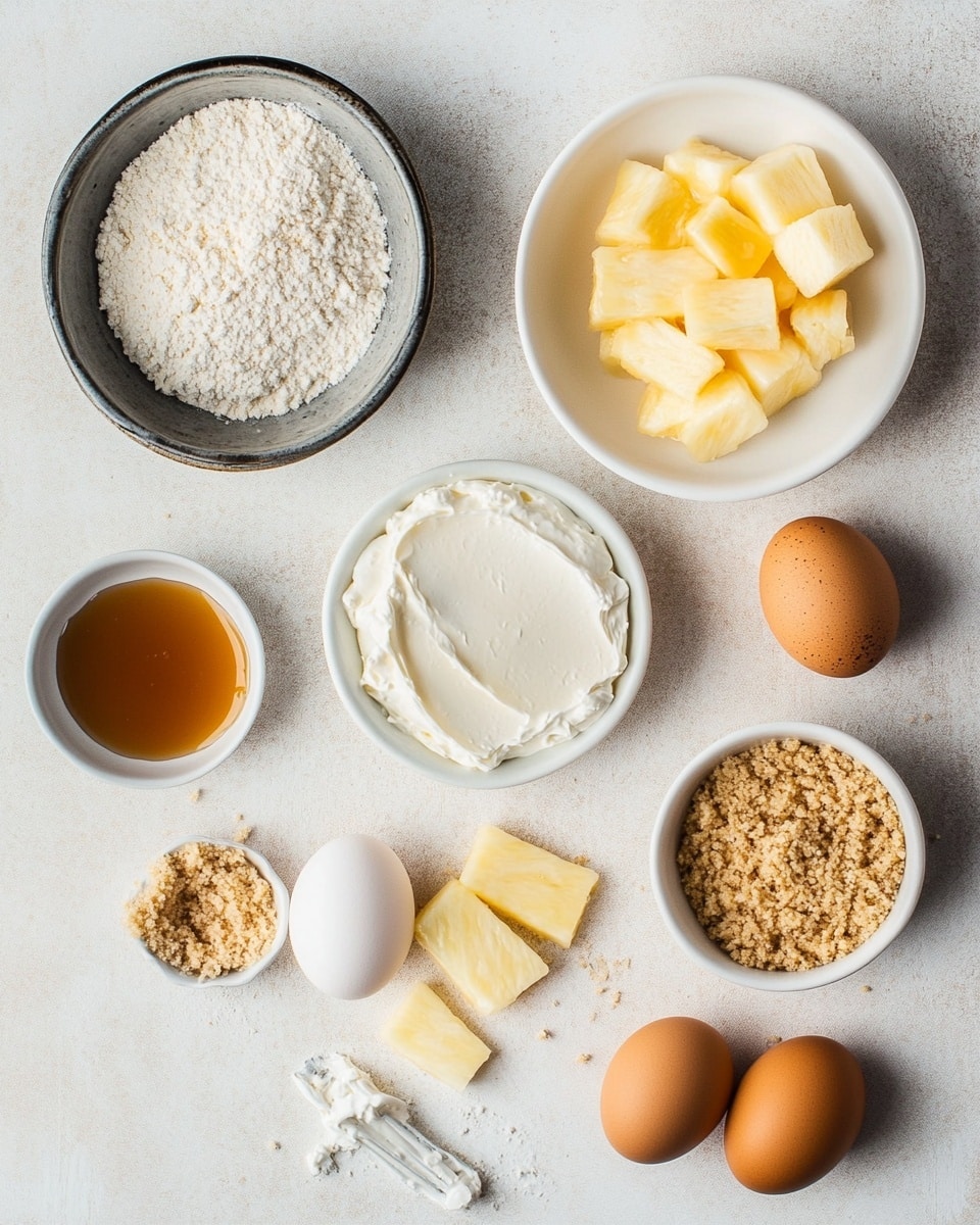 The image shows small round mini cheesecakes with three layers. The bottom layer is a crumbly light brown crust. The middle layer is a thick creamy pale yellow cheesecake. The top layer consists of shiny caramel glaze with several glossy yellow pineapple slices placed like a flower around a dark caramel sauce center. The cheesecakes sit on a white marbled surface, and some crumbs are scattered around. The focus is on one cheesecake in the front, with others softly blurred in the background. photo taken with an iphone --ar 4:5 --v 7