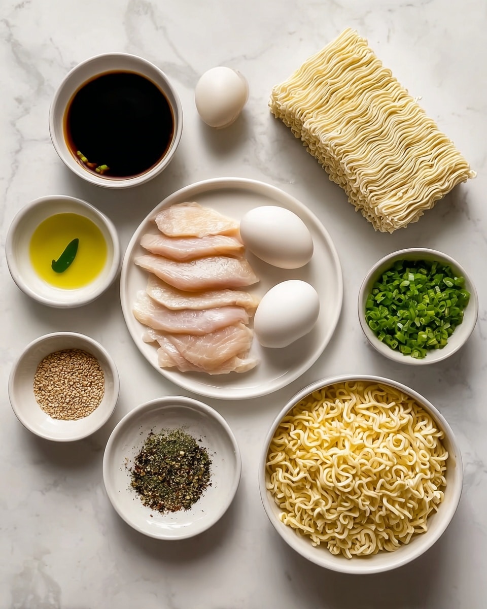 A flat white plate holds six thin slices of raw pale pink fish laid side by side in a neat row, next to a whole white egg. Above it, a white bowl is filled with light yellow cooked curly noodles with some small green vegetable pieces in the corner. On the right side is a block of uncooked wavy yellow noodles. Around these are five small white bowls containing different ingredients: one with clear yellow oil and a small green piece floating inside, one with tiny mustard-yellow and brown grains, one filled with chopped bright green onions, and one with dark brown sauce. All items rest on a white marbled surface. photo taken with an iphone --ar 4:5 --v 7