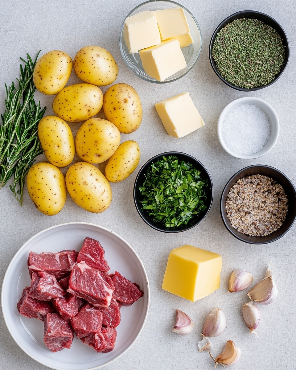 A close-up view of a dish in a white bowl on a white marbled surface, showing two main layers: dark brown grilled beef chunks and golden yellow roasted potato pieces, both cut into bite-size cubes. The beef has a slightly crispy texture with visible grill marks, while the potatoes look soft and seasoned with herbs. The dish is sprinkled with small bright green chopped herbs that add a fresh contrast to the rich colors of the meat and potatoes. photo taken with an iphone --ar 4:5 --v 7