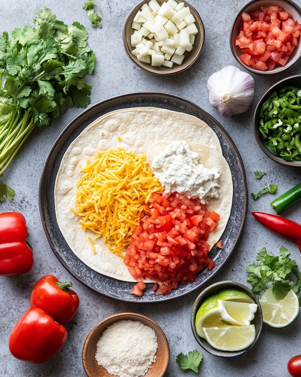 A white baking dish with blue handles holds a layered enchilada dish. The bottom layer shows tortillas rolled and filled, covered with a golden white melted cheese layer. On top, there are small red tomato pieces scattered evenly, with finely chopped green onions and bits of purple onion spread around. Three slices of green jalapeño sit near the center, and some fresh green herbs sprinkle the surface. The dish rests on a white marbled surface with blurred green cilantro and lime slices in the background. Photo taken with an iphone --ar 4:5 --v 7