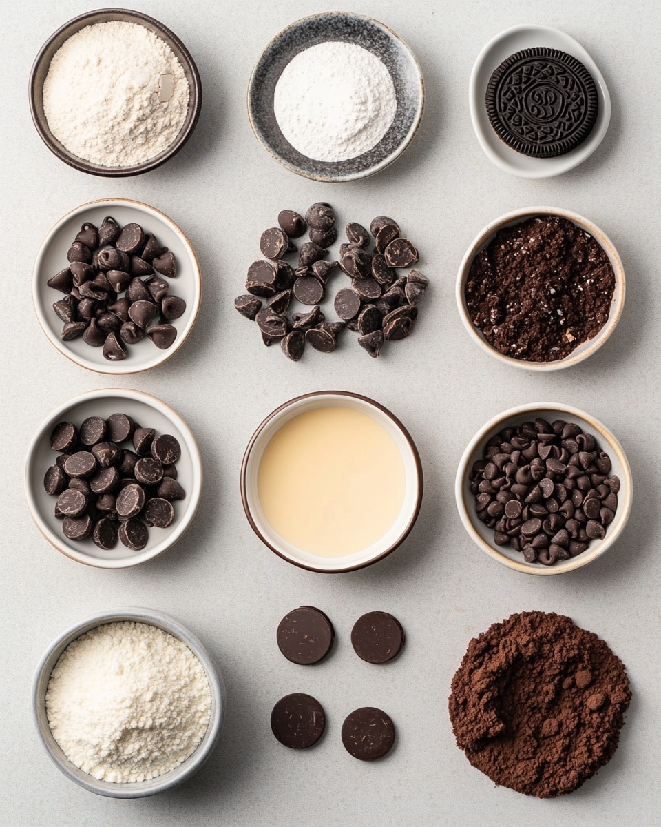 A rich, square chocolate brownie sits in the center of a white plate with a slight turquoise rim, showing a cracked top layer with embedded dark chocolate cookie pieces with white cream centers, some halved and pressed gently into the surface. Surrounding the brownie on the plate are scattered broken cookie chunks and small dark chocolate chips, adding texture and contrast. The plate rests on a white marbled surface, and behind it, out of focus, is a tray of more brownies with similar cookie pieces on top. The overall look is dense, dark brown with black and white cookie accents, inviting and homemade. photo taken with an iphone --ar 4:5 --v 7