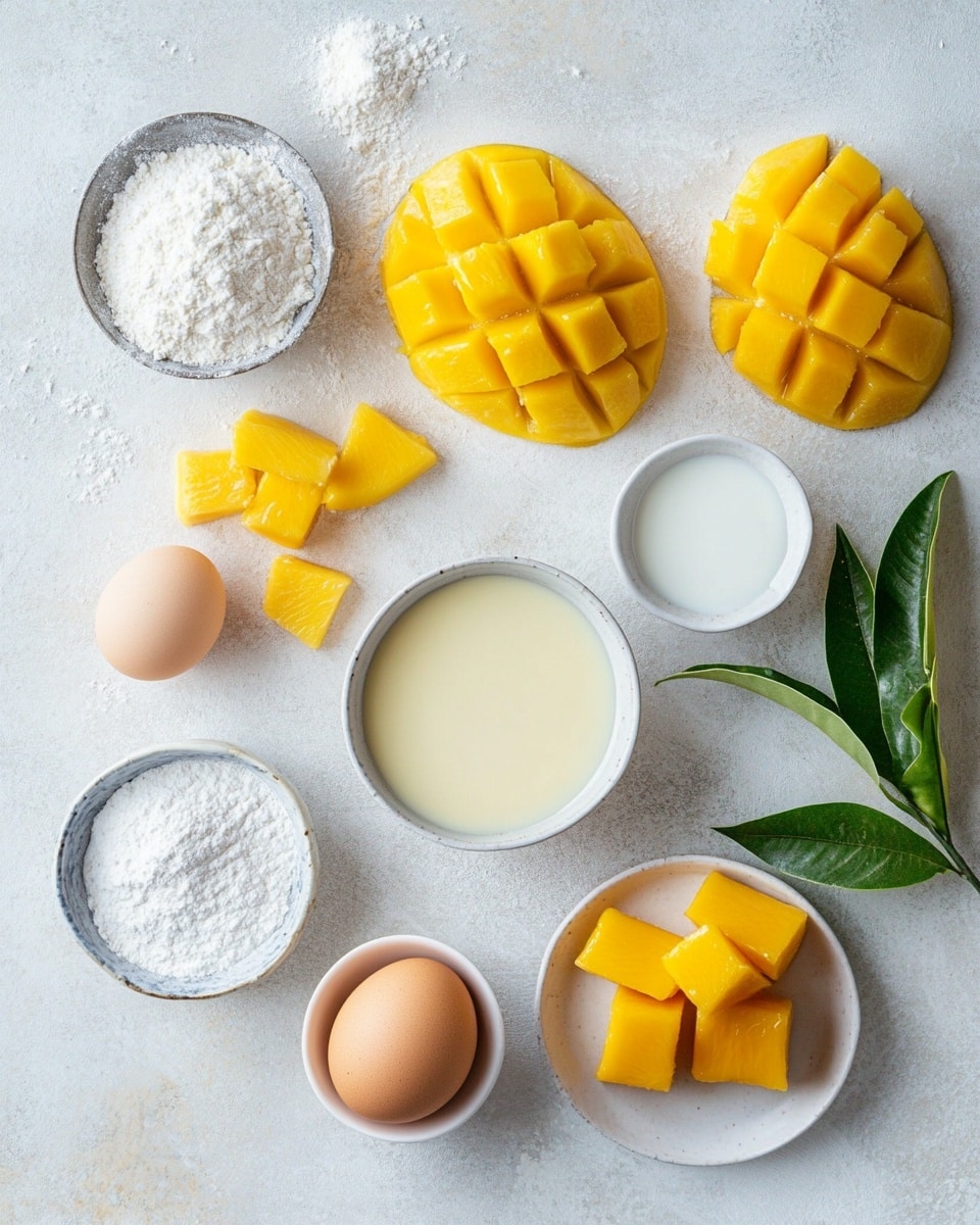 A blue plate holds several square mango crepes. Each crepe is pale yellow in color, folded into a neat square shape. Two crepes are cut open in the front, revealing three layers: a bright yellow mango slice in the center, surrounded by a thick layer of white cream, all wrapped by the thin yellow crepe layer. Small chunks of fresh mango are scattered on top of the crepes. The background is a white marbled surface. photo taken with an iphone --ar 4:5 --v 7