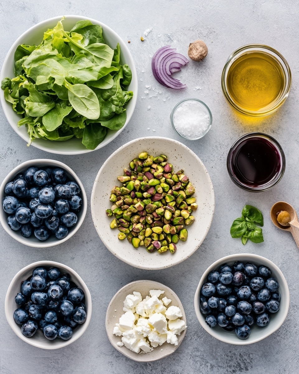 A fresh salad on a white plate with green leafy arugula at the base, topped with whole blueberries scattered around adding deep blue color, thin round slices of light green cucumber evenly placed, and a mix of small pistachio nuts in golden brown and green hues sprinkled across. There are also small white flower petals and tiny dark berries scattered throughout, with a light drizzle of shiny dressing that causes a slight glisten on the ingredients. The plate sits on a white marbled texture background. photo taken with an iphone --ar 4:5 --v 7