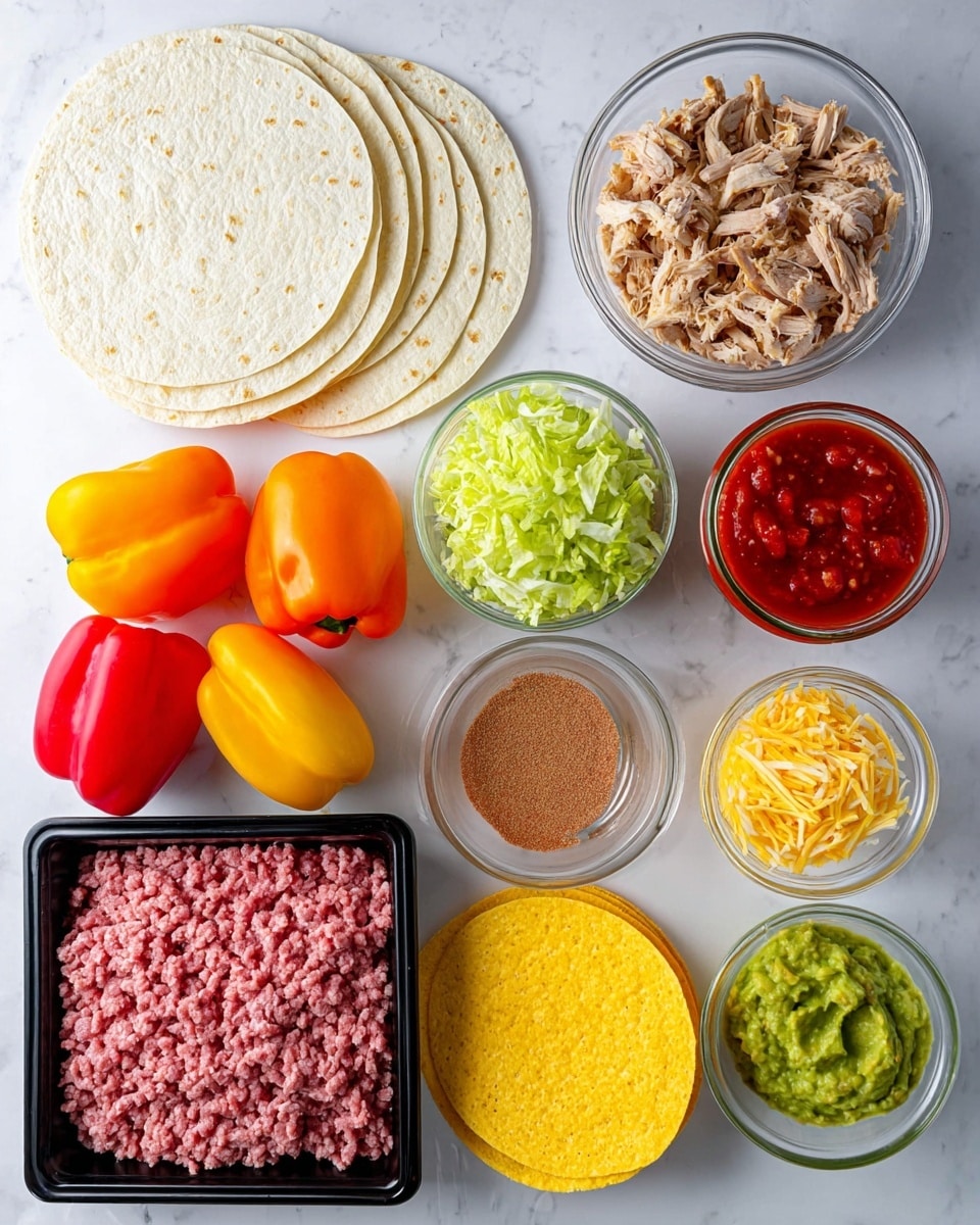 This image shows a taco kit arranged on a round black stone plate placed on a white marbled surface. There are four folded white tortillas stacked near the top left. Below them is a white bowl filled with cooked ground meat mixed with small pieces of vegetables, showing a brown and slightly moist texture. To the right of the meat, there is a space filled with shredded light-green lettuce, and a white bowl with bright red chopped cherry tomatoes sits on top of the lettuce. Below the meat bowl, a neat stack of yellow corn taco shells forms a fan shape. Around the plate, there are bright yellow and red mini sweet peppers adding color to the scene. A woman's hand is partially visible reaching for the top left tortilla. The overall setup is clean and bright, perfect for assembling tacos. photo taken with an iphone --ar 4:5 --v 7
