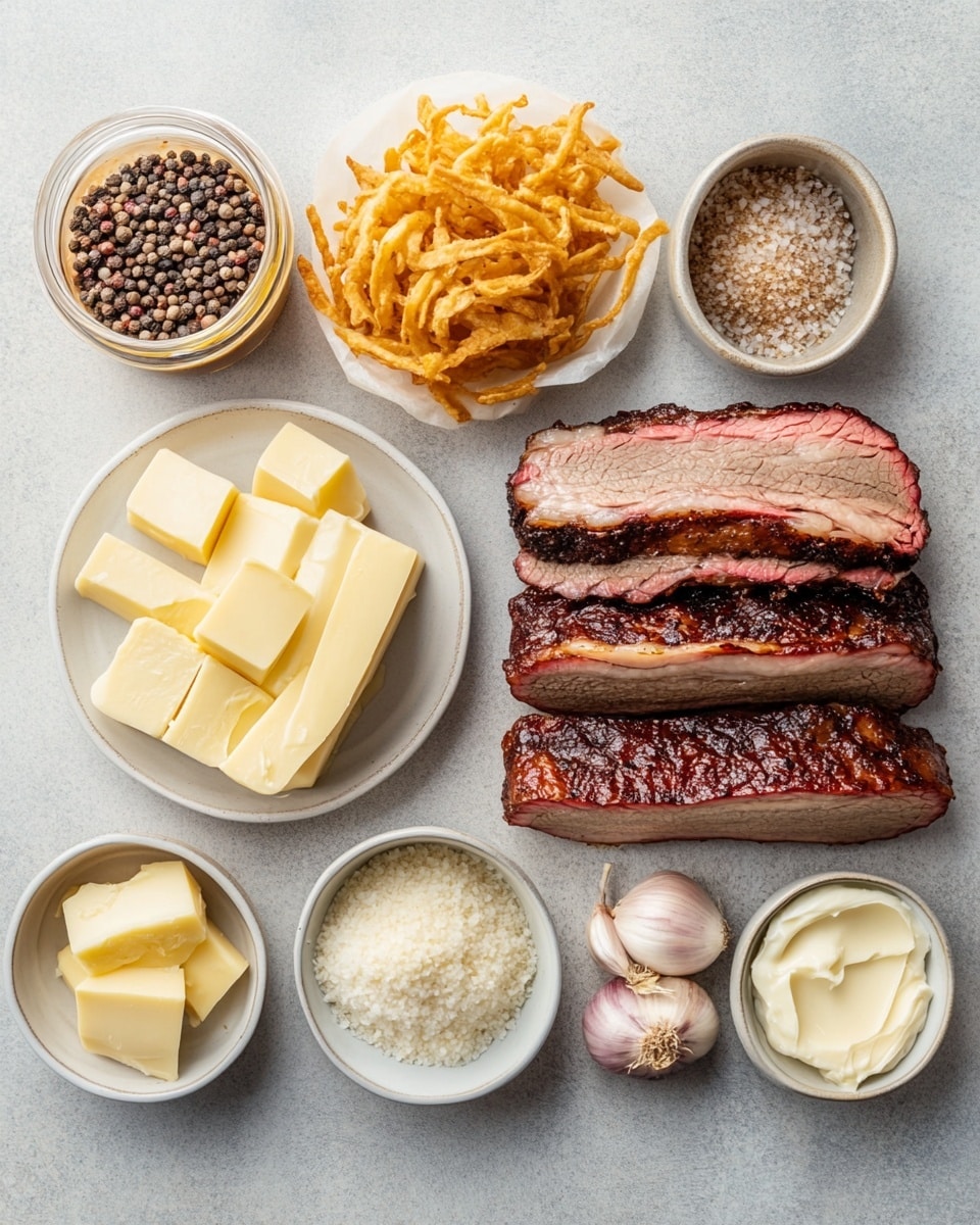 The image shows a tall grilled sandwich with three main layers of thick, juicy dark brown smoked meat with a reddish-pink center, separated by layers of melted white cheese and soft-looking golden cooked onions. The sandwich is held together by three thick slices of golden toasted bread with a crispy, browned texture on the outside. The bottom slice of bread is soaked slightly with dark brown meat juices. The sandwich rests on a wooden board with a white marbled background behind it. Photo taken with an iphone --ar 4:5 --v 7