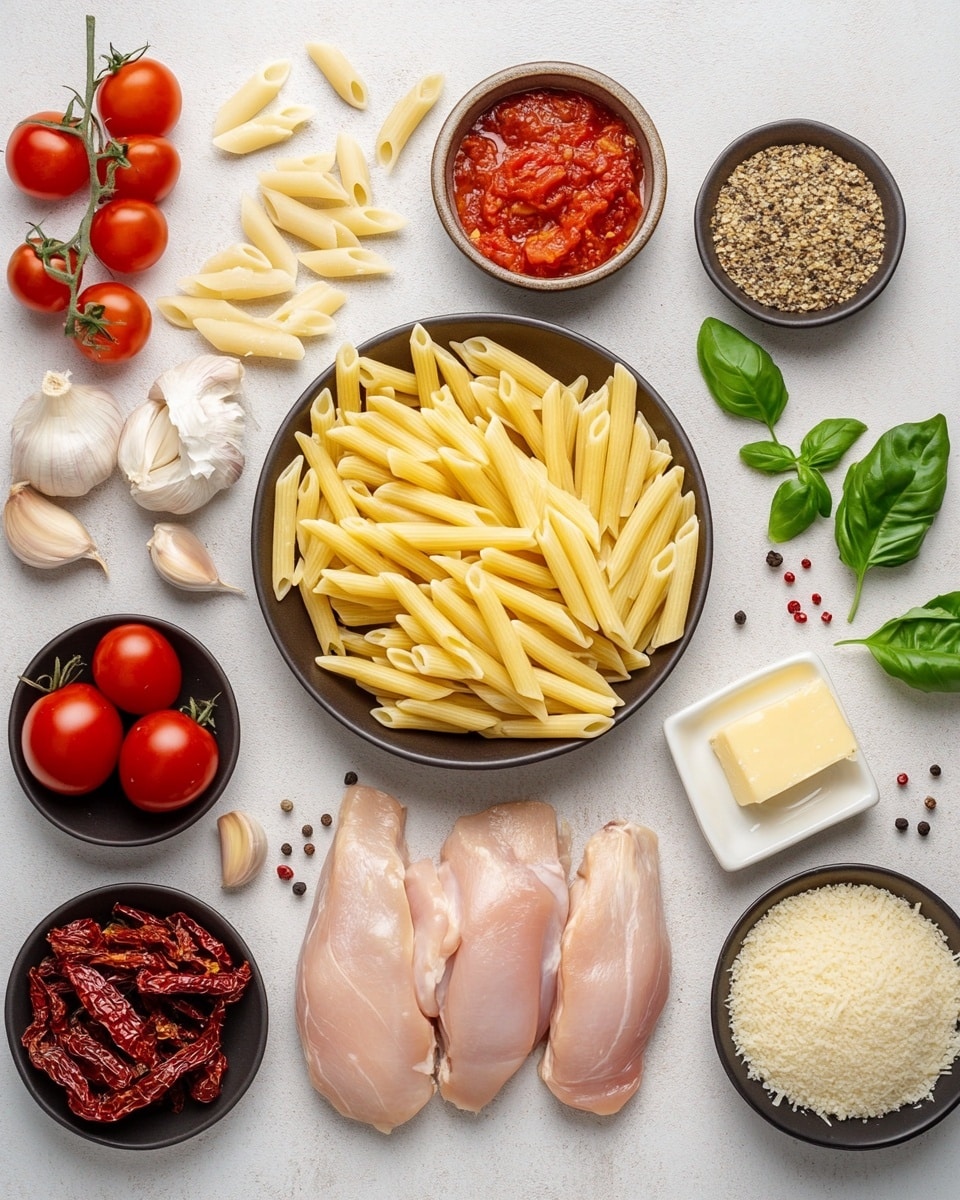 A white bowl filled with creamy pasta showing about three layers; the base is penne pasta coated in a smooth, light orange sauce, then tender pieces of white meat mixed in generously, with strips of red sun-dried tomatoes scattered throughout. Fresh green basil leaves and chopped green herbs are sprinkled on top, along with a light dusting of grated cheese and freshly cracked black pepper, all resting on a white marbled surface with a few green herb bits nearby. photo taken with an iphone --ar 4:5 --v 7