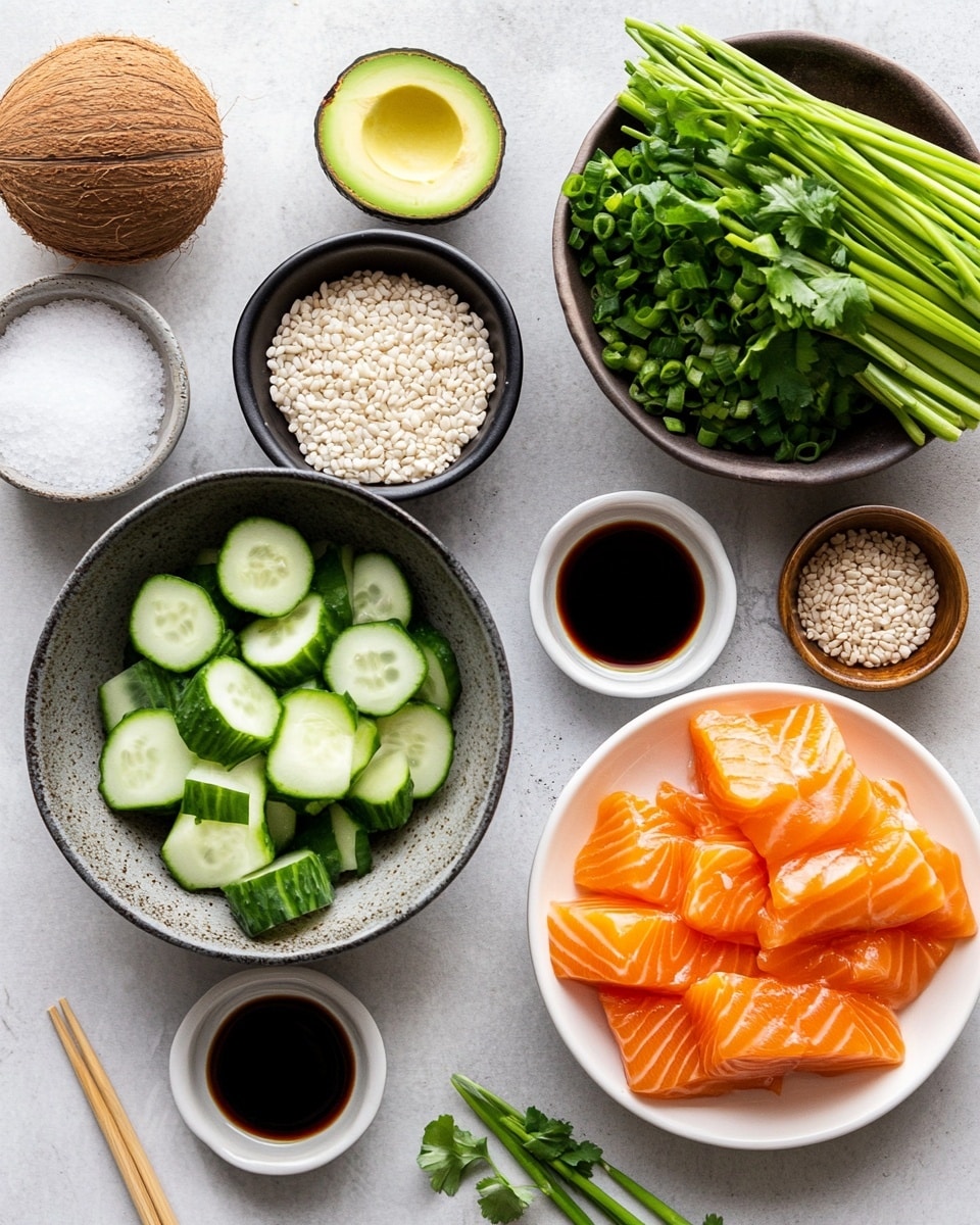 A white bowl with three main layers: the bottom layer is white rice covering half the bowl, topped by small pieces of grilled chicken drizzled with light orange sauce and sprinkled with green chopped herbs and sesame seeds on the lower right side. On the upper right side, there are sliced avocado pieces with the same green herb sprinkle. On the upper left side, there are several cucumber slices with seeds visible, also sprinkled with green herbs and sesame seeds. Two light brown chopsticks rest on the rice side of the bowl. The bowl is placed on a white marbled surface with a few green chive pieces scattered nearby. Photo taken with an iphone --ar 4:5 --v 7