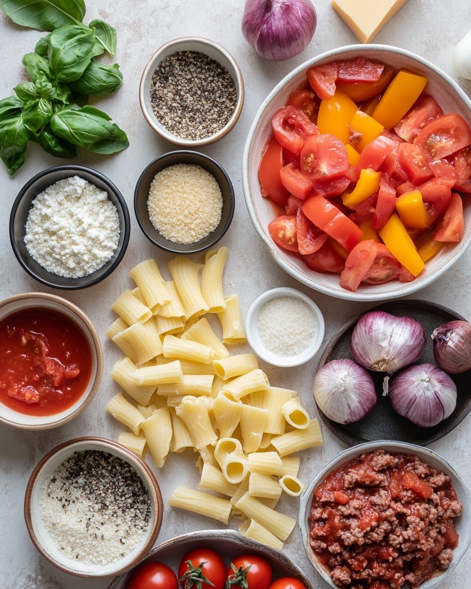 A pile of elbow macaroni mixed with ground meat and small pieces of red and green bell peppers, all coated in a thick, orange-red sauce, is served on a white plate placed on a white marbled surface. The macaroni is curved and well combined with the chunky meat sauce, showing a shiny and slightly moist texture, with visible bits of cooked vegetables and seasonings spread evenly throughout. Behind the plate, a pan with more of the same mixture can be seen, giving a warm and home-cooked feel to the image. Photo taken with an iphone --ar 4:5 --v 7