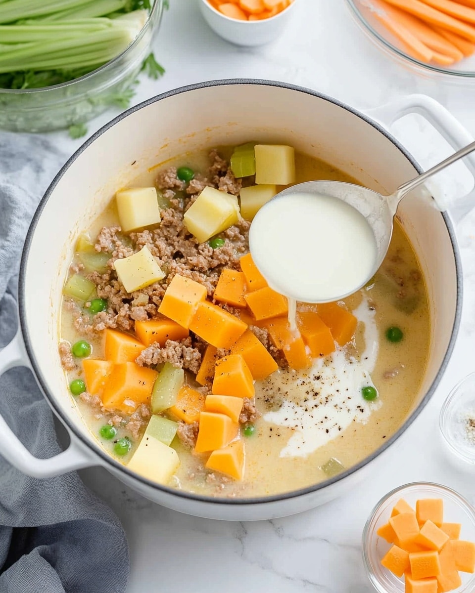 A white pot sits on a white marbled surface, filled with a creamy soup base with visible chunks of light brown meat, small orange carrot pieces, and pale yellow potato pieces. On top of the soup, there is a pile of large bright orange cheese cubes. A clear glass container is pouring white cream into the pot, blending with the soup. Around the pot, there are small white bowls, one with orange carrot pieces, one with green chopped celery, and one with more orange cheese cubes. A soft gray cloth is draped near the pot. photo taken with an iphone --ar 4:5 --v 7