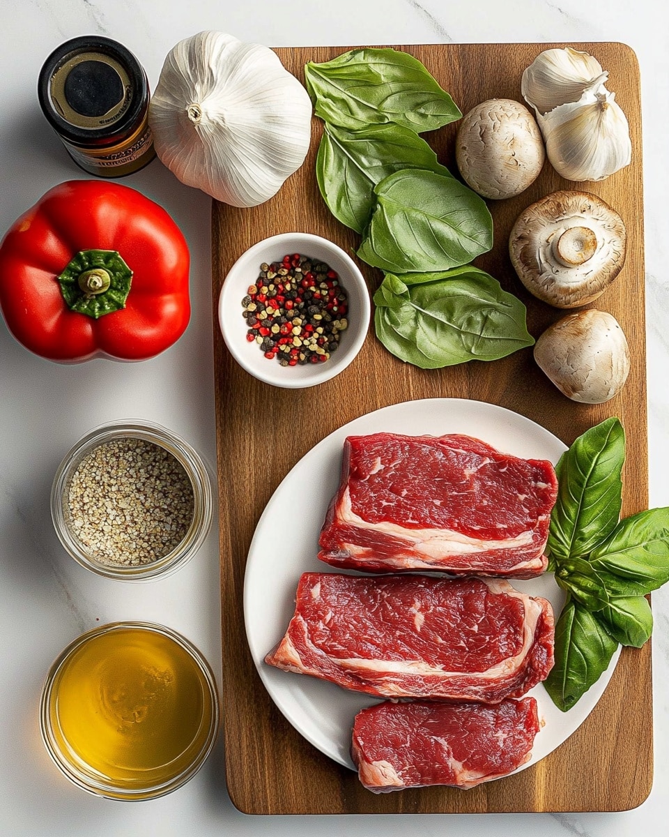The image shows a dark wooden cutting board with various fresh ingredients arranged neatly on top, set against a white marbled surface. On the bottom right side, there is a white plate holding three thick slices of marbled raw red meat with white fat veins. Above the meat, a small white bowl contains a mixture of white sauce with some red chili flakes and dried herbs placed on top. To the right of the bowl, fresh green basil leaves and a sprig of dried herbs rest side by side. In the middle, a cluster of six whole brown mushrooms is scattered loosely. To the top left, a bright red bell pepper and a bulb of white garlic sit close together. Below the garlic, there is a small bottle of dark sauce. Near the center left, a clear glass measuring cup with light brown liquid, a small glass of light yellow liquid, and an unopened yellow canned item complete the layout. The arrangement is clean and visually balanced. photo taken with an iphone --ar 4:5 --v 7