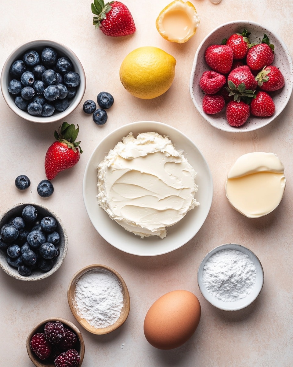 A three-layer round cake with smooth, light cream covering the top and sides. The sides have rows of thick, round dollops of cream, creating a textured pattern. On top, there is a cluster of fresh berries including whole strawberries, halved strawberries, whole raspberries, and blueberries arranged on one side with extra dollops of cream around them. The cake sits on a clear glass stand, all placed on a white marbled surface. Photo taken with an iphone --ar 4:5 --v 7