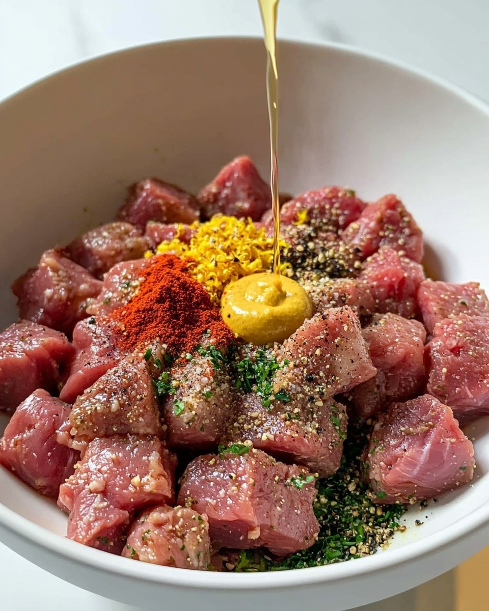 A white bowl sits on a white marbled surface, filled with raw, pink meat chunks. The meat is layered with several spices: an orange-red powder on the left side, green herbs sprinkled unevenly all over, and a small heap of bright yellow zest on the right. There is also a dollop of pale yellow mustard-like sauce near the center. A golden liquid is being poured over the meat from above, catching the light as it drips down. The textures are soft and fresh with the spices adding contrast, making the dish look ready for mixing or cooking. photo taken with an iphone --ar 4:5 --v 7