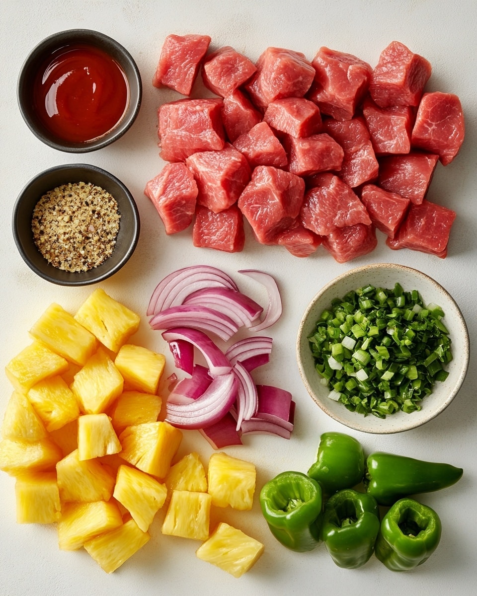 Two skewers with thick, browned grilled meat pieces and golden yellow grilled pineapple chunks arranged alternately on each skewer, both placed on a wooden board. The meat looks shiny and caramelized with small grill marks, and there are tiny green herb sprinkles on top. The background has a soft, out-of-focus white marbled texture. photo taken with an iphone --ar 4:5 --v 7