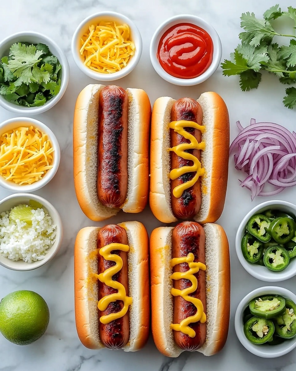Two hot dogs are placed on a white marbled surface, each in a soft, golden-brown bun with a slightly crisp texture. Inside each bun is a grilled sausage with a shiny, browned skin showing at the ends. On top of the sausage is a layer of finely chopped red and white onions mixed with green herbs. Bright red ketchup is drizzled in curved lines over the onions and sausage, alongside thinner streaks of yellow mustard. The buns are fluffy and slightly torn at the edges, adding to the texture. The photo is taken with an iphone --ar 4:5 --v 7