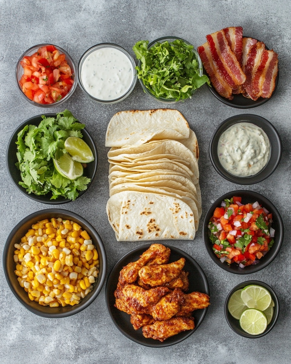 Two tacos are placed side by side on a white marbled surface. Each taco has three main layers: the bottom layer is a soft, lightly toasted tortilla, the next layer is bright yellow corn mixed with small bits of white onion and green herbs, and the top layer consists of crispy, dark golden brown fried chicken pieces. A creamy white sauce with green herbs is drizzled over the chicken, and some fresh green cilantro leaves are sprinkled on top and around the tacos. In the background, there is a small blurred bowl of white sauce and some scattered corn kernels and herbs around the tacos. photo taken with an iphone --ar 4:5 --v 7