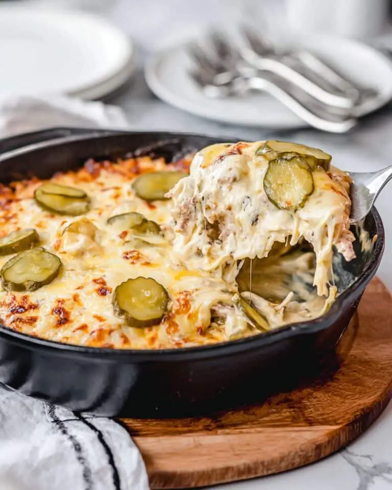 Cuban Casserole with Pulled Pork, Ham, Swiss Cheese, and Dill Pickles Recipe