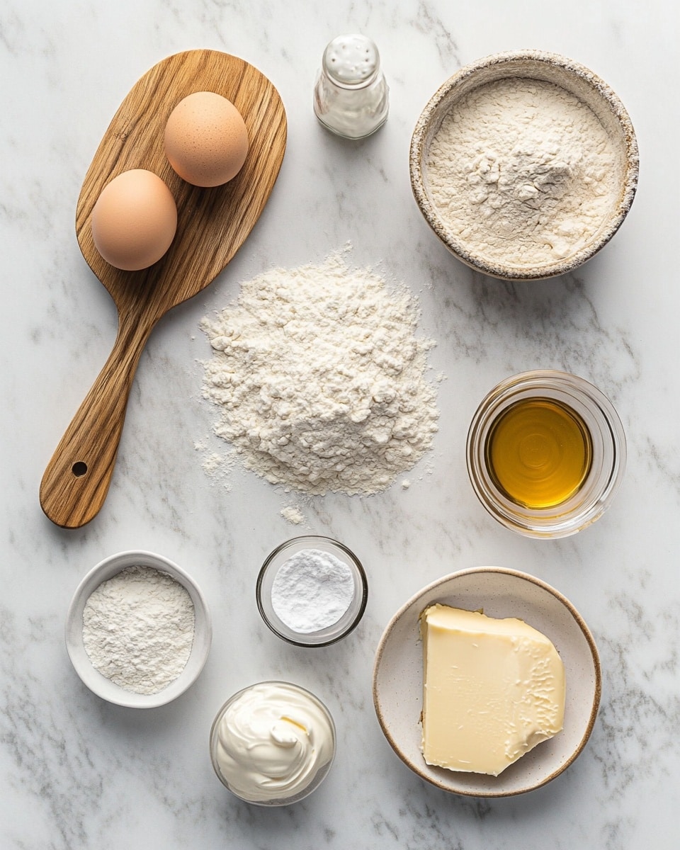 A stack of three thick, golden-brown pancakes sit on a white plate. The top pancake is topped with a dollop of white cream sprinkled with a light dusting of brown cinnamon powder. The pancakes show soft, fluffy layers with a visible bite taken out, revealing their light and airy inside texture. A stream of amber syrup pools around the base of the stack, slightly soaking into the pancakes. The plate is placed on a white marbled surface. photo taken with an iphone --ar 4:5 --v 7
