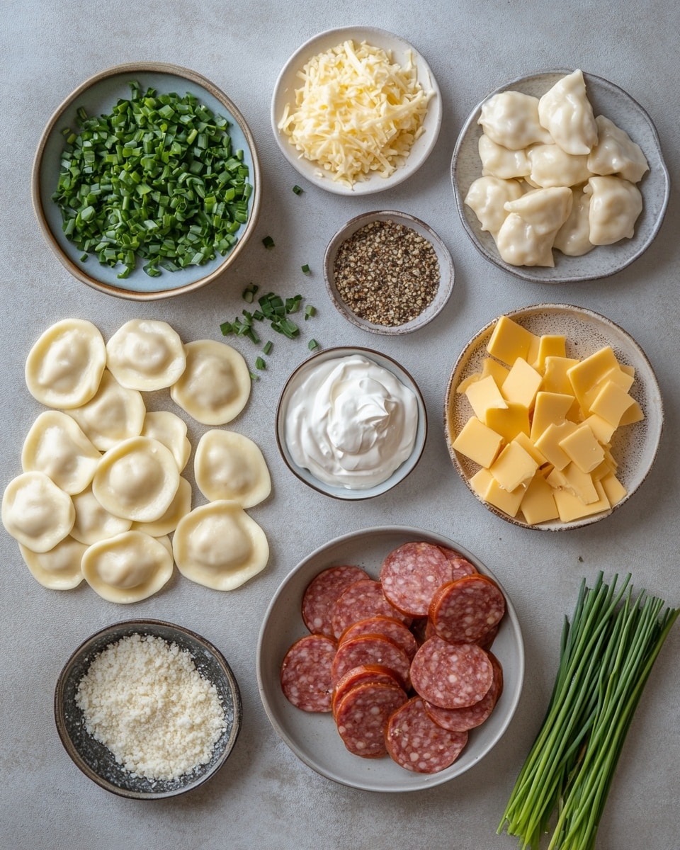 The dish is served in a round white bowl filled with two main layers: the bottom layer is a chunky orange sauce mixed with small pieces of cooked onions, giving a textured and glossy base, while the top layer consists of round ravioli pasta with a light yellow color and a smooth texture, scattered evenly. Among the ravioli are slices of reddish-brown sausage with a firm texture, adding contrast. The whole dish is sprinkled with small green parsley bits and a light dusting of black pepper, creating a colorful and appetizing look. The bowl sits on a white marbled surface. photo taken with an iphone --ar 4:5 --v 7