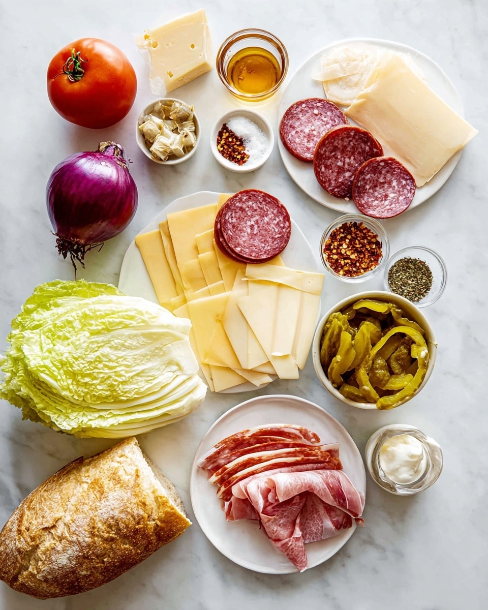 A sandwich with five layers on a white soft bun: the bottom layer is green curly lettuce, above it are two thick slices of red tomato, next layer shows folded slices of pink salami with white fat spots, on top of that there are thin folded slices of reddish-brown meat, and the top layer is two slices of pale yellow cheese. The sandwich rests on a white marbled surface. Photo taken with an iphone --ar 4:5 --v 7