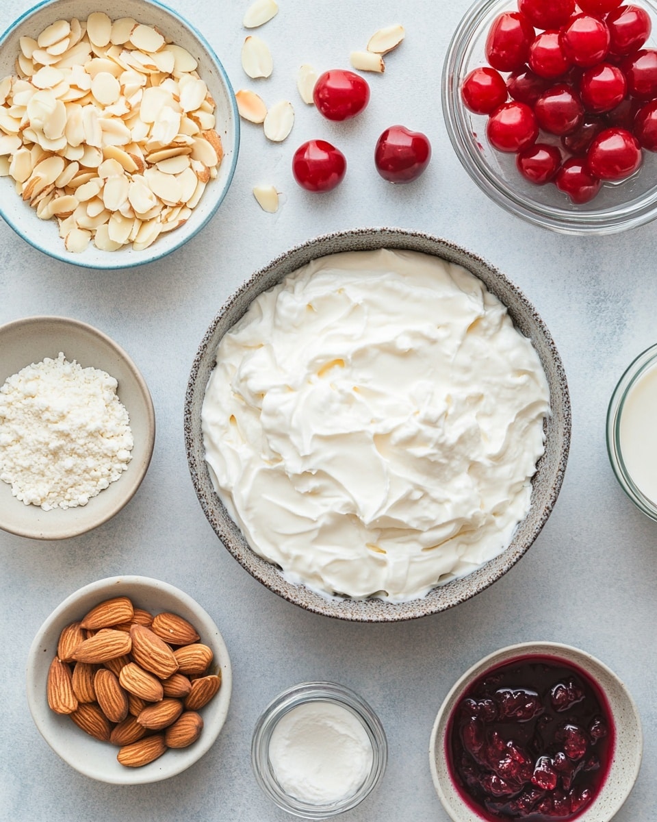 A white square dish holds a layered strawberry dessert with a missing portion on one side. The bottom layer looks like soft, pale yellow cake, topped by a bright red strawberry sauce with chunks of strawberries. Above this is a thick, creamy white layer, with the top layer being white whipped cream with swirls of red strawberry sauce mixed in. Thin almond slices are sprinkled on the whipped cream. Fresh strawberries and green leaves are blurred in the white marbled background around the dish. Photo taken with an iphone --ar 4:5 --v 7