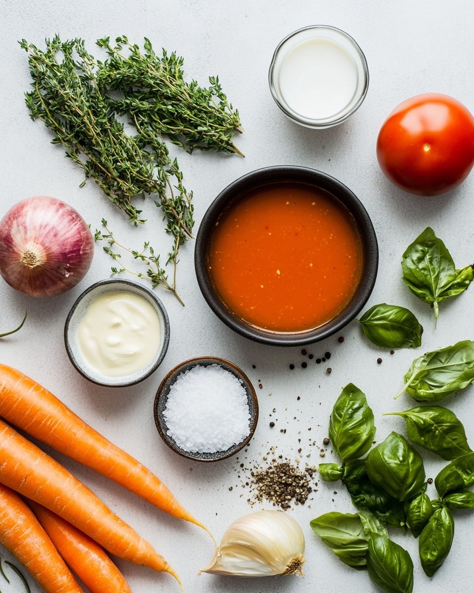 The image shows bowls of bright orange soup with a smooth texture, each bowl topped with green basil leaves and small black and red pepper flakes scattered across the surface. The white bowls sit on a white marbled table with a light blue and white striped cloth underneath one bowl, which has a wooden spoon handle resting on it. Next to the bowl, there are two triangular pieces of toasted bread with a golden brown crust. Some fresh green basil leaves are scattered around the table, and part of a larger bowl of the same soup with basil and pepper flakes can be seen at the top left corner, with a soup ladle resting in it. Photo taken with an iphone --ar 4:5 --v 7