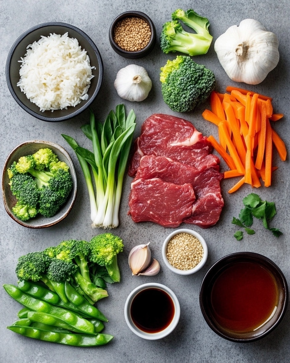 The image shows a close-up of a stir-fry dish with three main layers. The bottom layer is made up of bright green broccoli florets and snap peas with a fresh, bumpy texture. The middle layer contains slices of yellow and red bell peppers with a smooth and shiny surface. On top, there are pieces of cooked beef that are brown with a slight shine, garnished with small green onion pieces and white sesame seeds. The dish is set on a white surface with a marbled texture. photo taken with an iphone --ar 4:5 --v 7