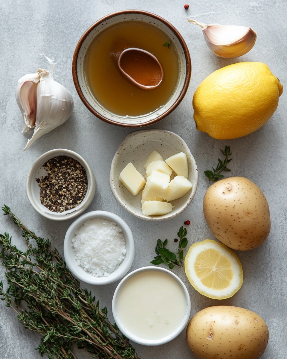 The image shows a thick creamy soup served in a white bowl shaped like a flower. The soup has several layers and textures: the base is a smooth creamy white broth, floating within it are soft chunks of potato and pieces of mushroom that are brown and slightly shiny. On the top, there are golden brown toasted bread cubes and sprigs of fresh green herbs. The bowl sits on a woven mat, with a matching flower-shaped lid in the background. A spoon with a white and black patterned handle rests partly in the bowl. The surface beneath the bowl is a white marbled texture. Photo taken with an iphone --ar 4:5 --v 7
