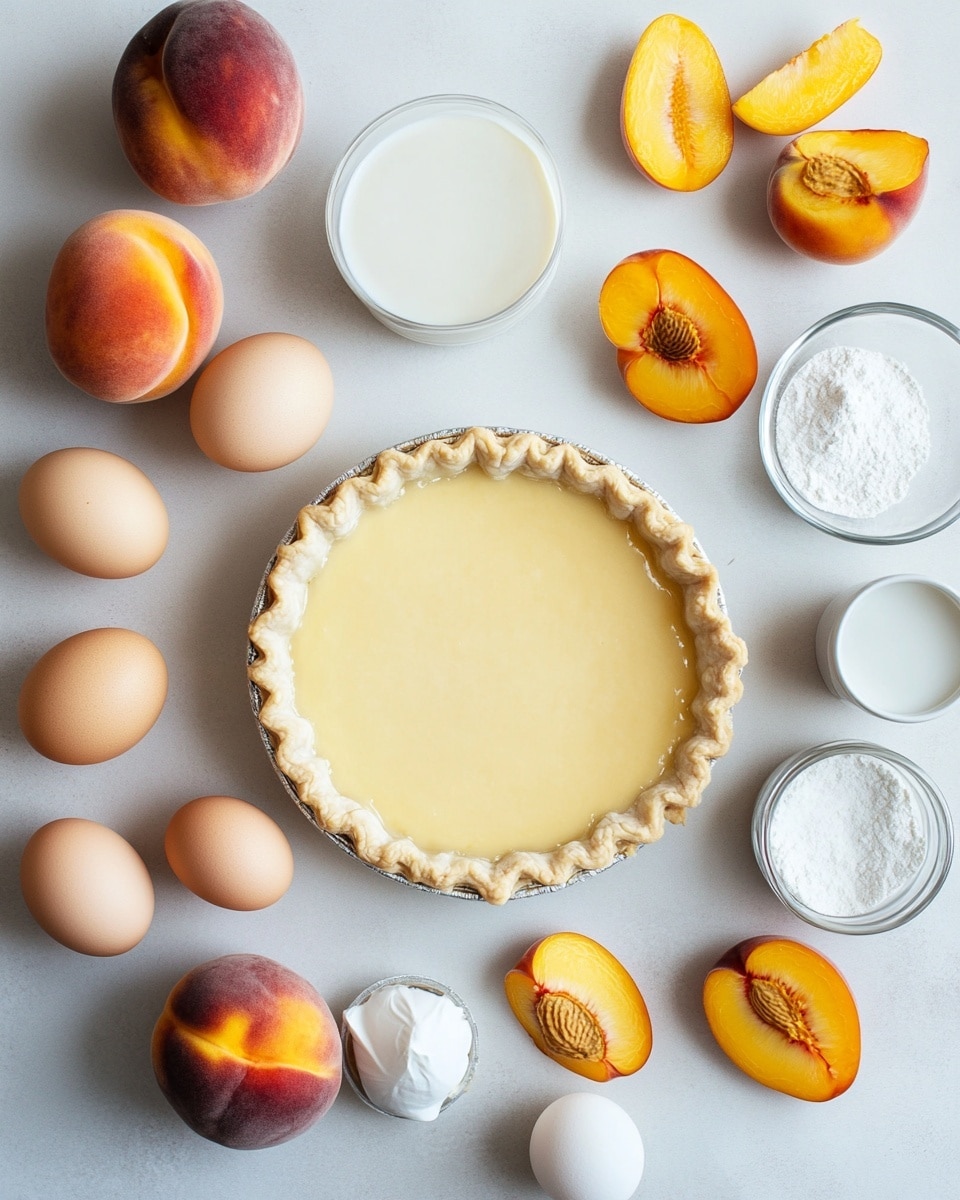 A golden brown tart sits in a white fluted ceramic dish with a thick, crimped crust forming the outer edge. Inside, there are two layers of yellow custard filling topped with neatly arranged slices of peach, showing yellow flesh with red edges, placed in a circular pattern across the surface. The tart rests on a white marbled surface with a red and white checked cloth nearby and a silver pie server with a white handle to the right. In the top left corner, there is a pale green glass and two white plates stacked on a white marbled texture, each with a silver fork placed on top. Photo taken with an iphone --ar 4:5 --v 7