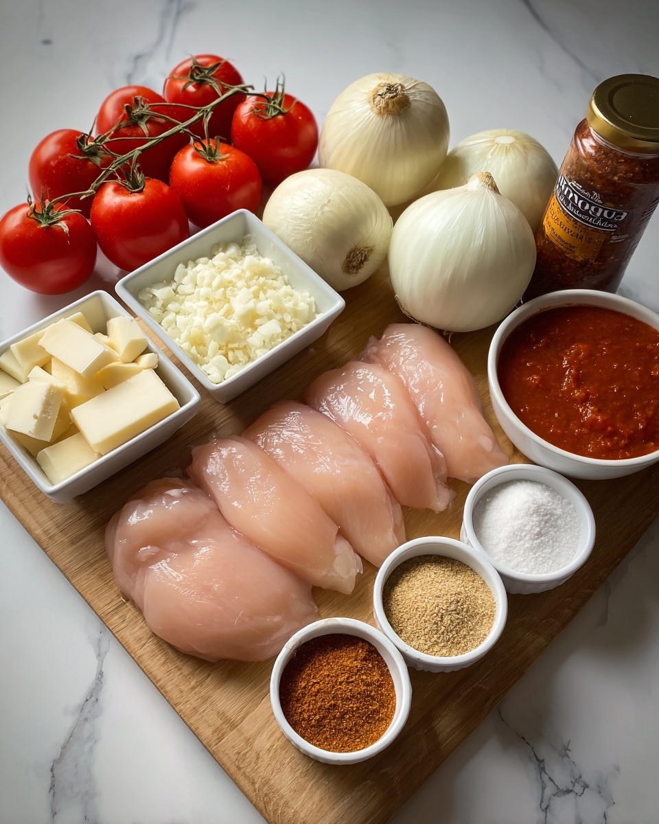 The image shows a wooden board on a white marbled surface, with various cooking ingredients arranged neatly. At the back are bright red tomatoes on the vine, three white onions, and two garlic bulbs. In front of them are four raw, pink chicken fillets. To the left, there are two small white square bowls, one filled with chopped white onions and the other with rectangular white cheese blocks. In front of the chicken are three small white round bowls, one with white salt, another with a blend of brown and orange spices, and the last with a beige powder. To the far right at the back is a white round bowl filled with red sauce, and behind it is a jar of seasoning. The scene is well-lit and clear, with a focus on the freshness and variety of the ingredients. photo taken with an iphone --ar 4:5 --v 7